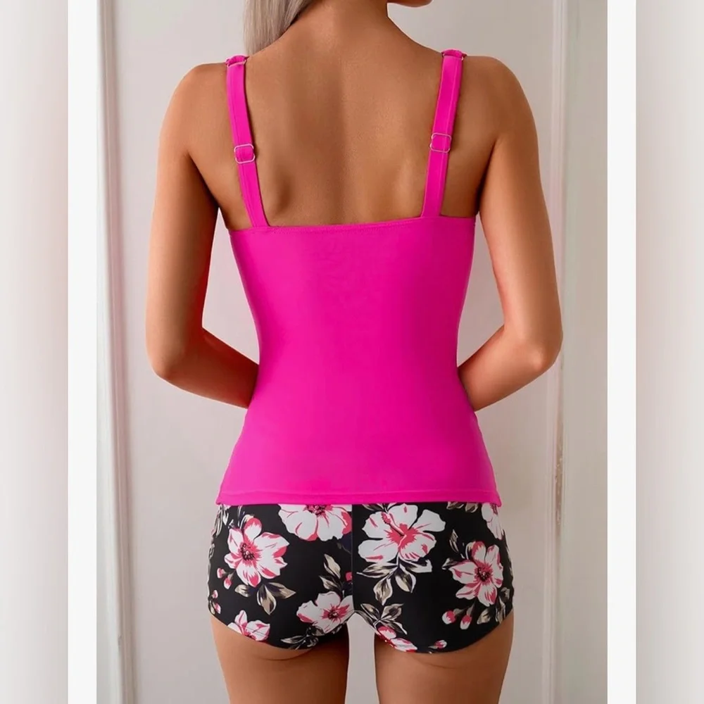 Women’s Ruched Tankini Top and bottoms set in Hot Pink - Picture 3 of 10